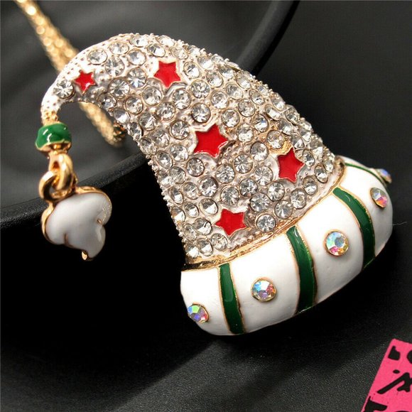 CLEAR Crystal Santa Hat NECKLACE or PIN - Picture 4 of 4